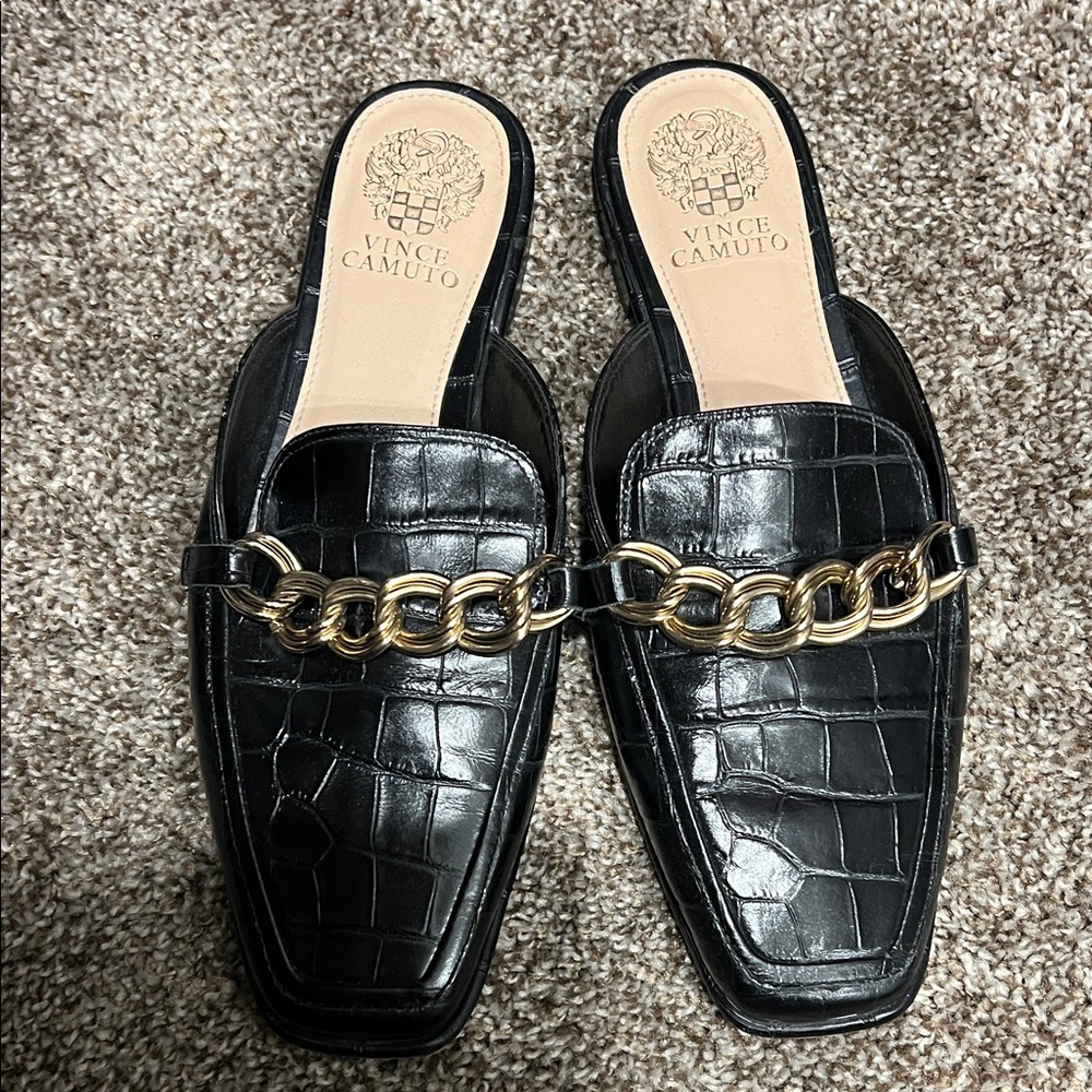Vince Camuto Black Croc Mules with Gold Chain Accent